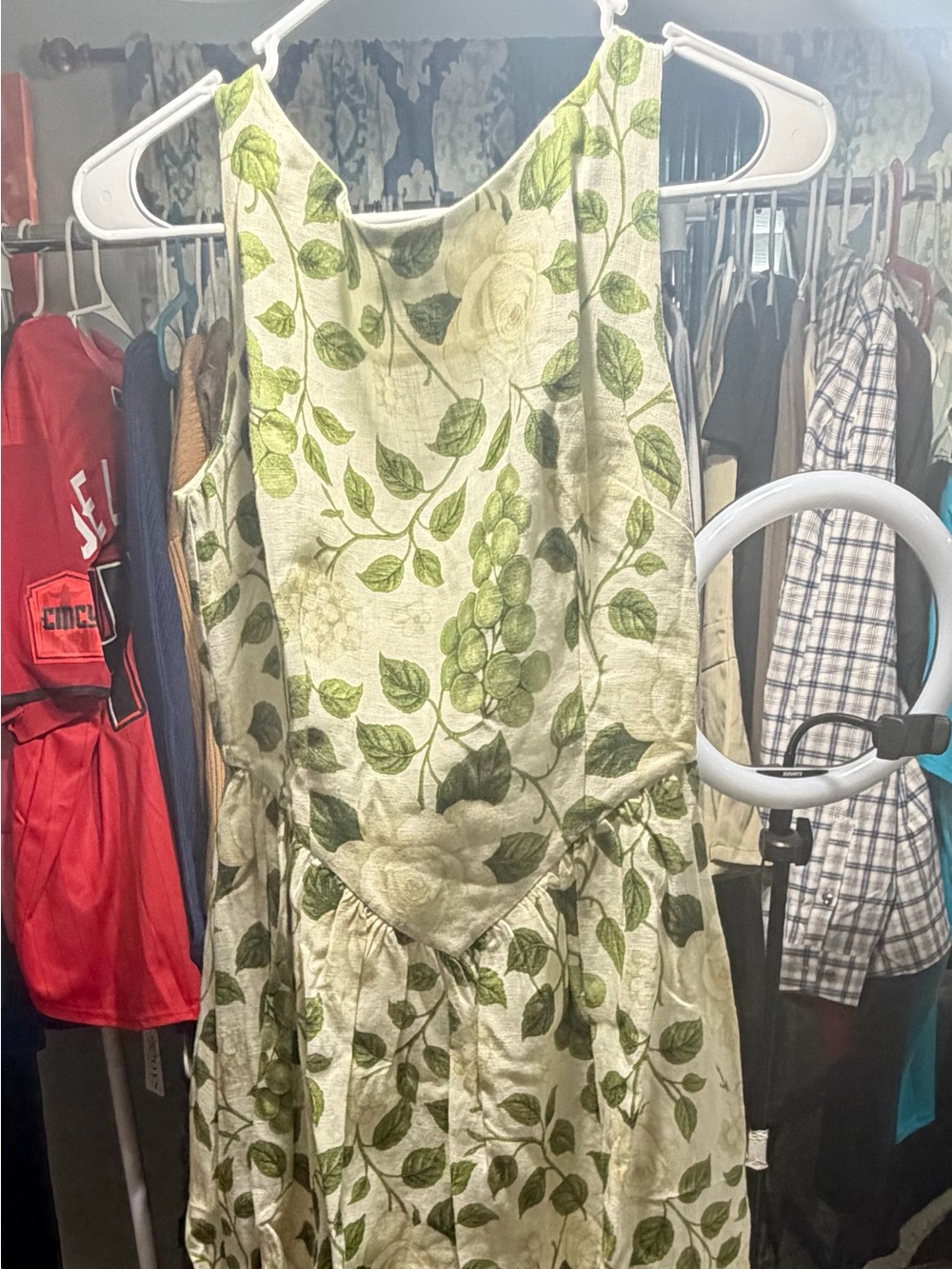 Hermoza Cream Dress with Green Leaf Vine Print